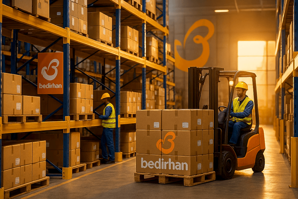 Türkiye geneli lojistik depolama çözümleri sunan Bedirhan Logistics’e ait raf sistemli depo alanı